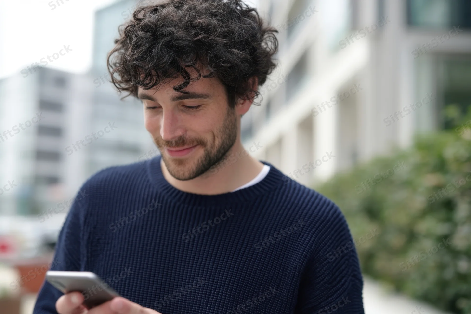 Young man smiling while using smartphone outdoors in city setting