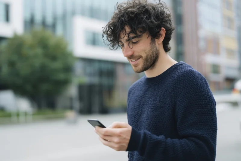 Young man smiling while using smartphone outdoors in city setting