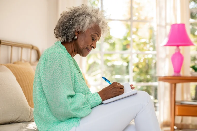 Senior woman writing in notebook while sitting on bed in bedroom