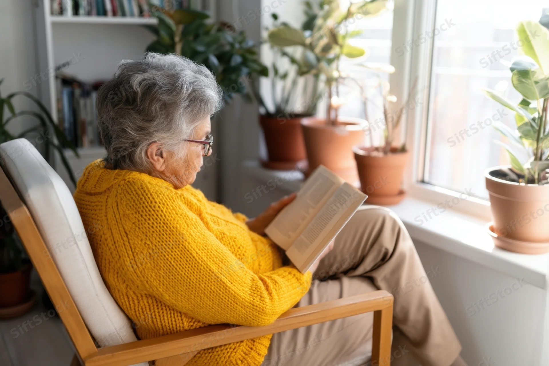 Senior woman reading a book in a chair by a window with potted plants