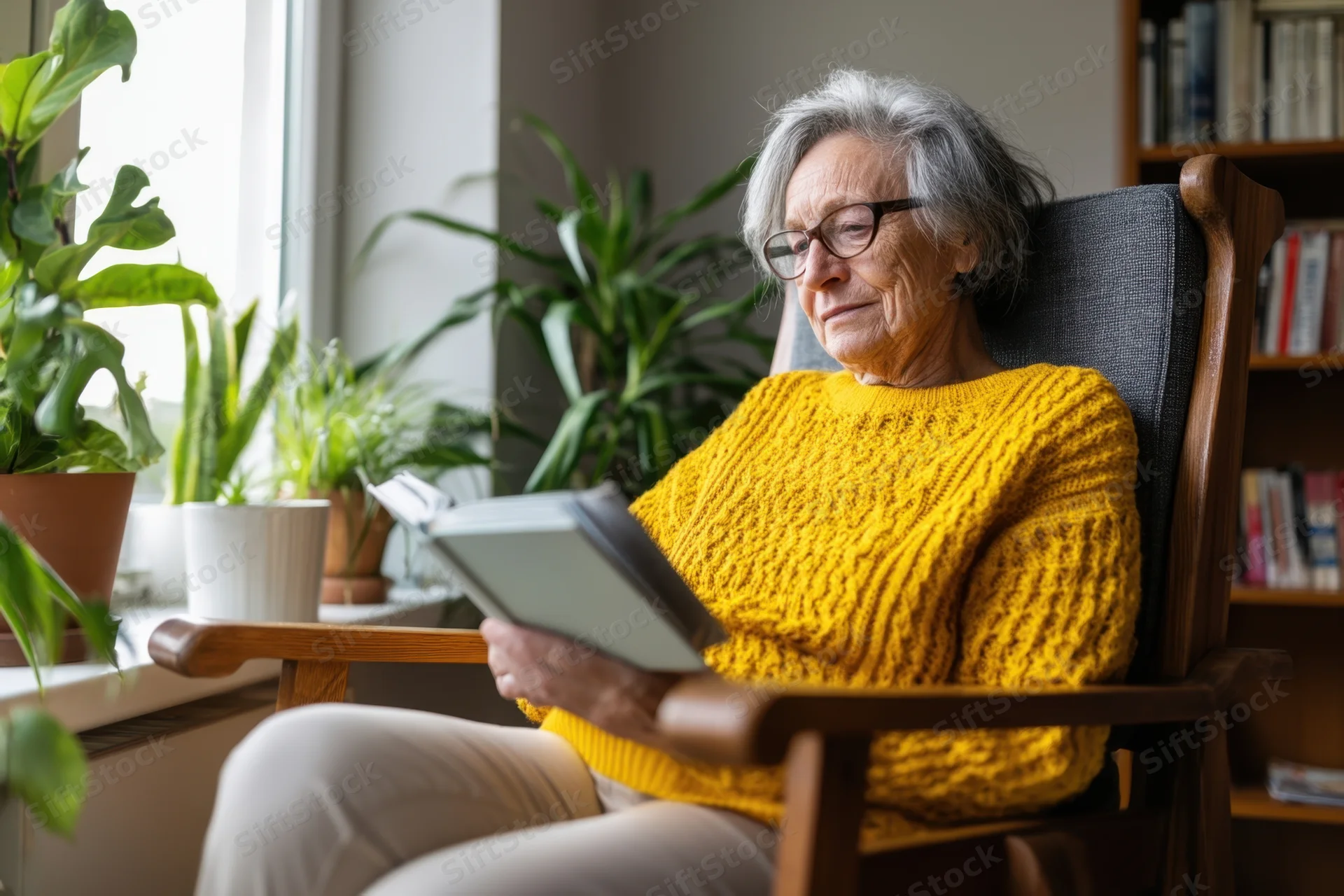 Senior woman reading a book in a wooden armchair by a window with potted plants and bookshelf in the background