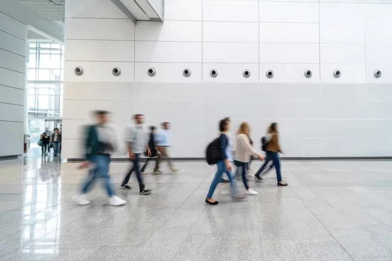 Blurred pedestrians walking through a bright modern atrium with reflective tiled floor