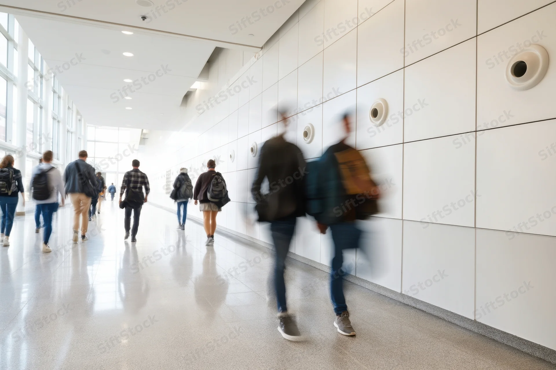 Students walking through a bright modern university hallway with backpacks and motion blur