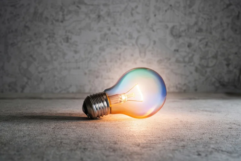 Glowing incandescent light bulb resting on textured concrete floor with sketched wall behind