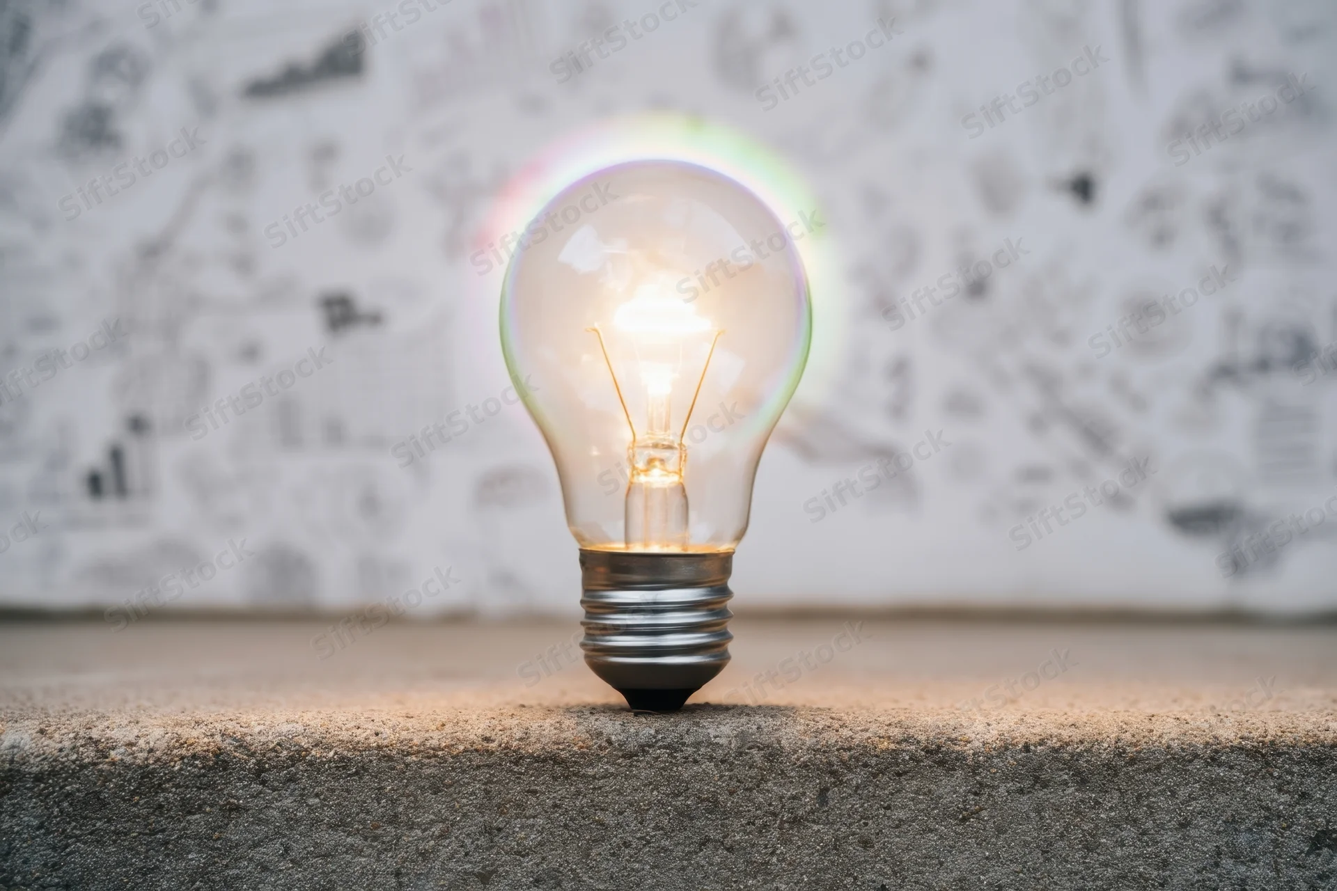 Glowing incandescent lightbulb on textured concrete surface with sketched diagrams in background