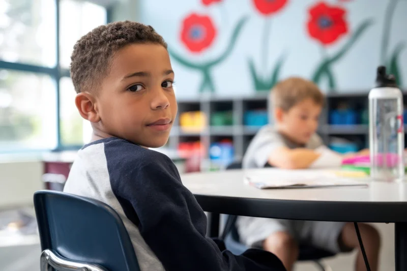 Young boy in classroom turning to look at camera while seated at round table with another child working nearby