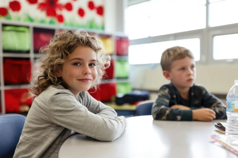 Girl with curly hair smiling at camera while sitting at classroom table with boy in background