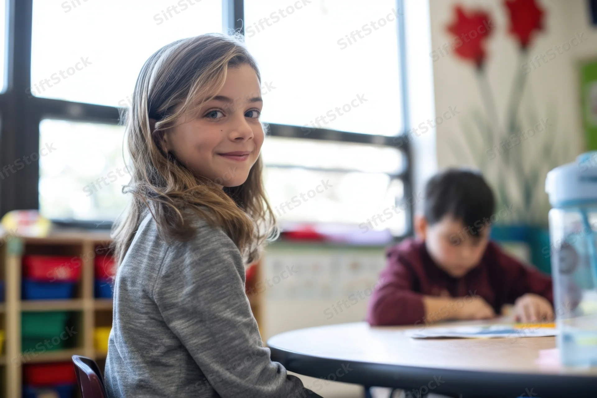 Girl smiling over shoulder at round classroom table with boy working in background