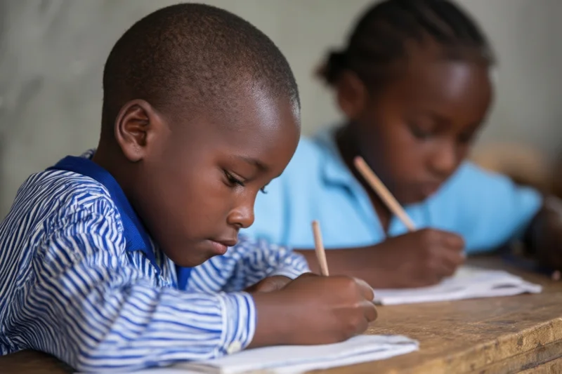 Two children writing in notebooks at a wooden table in a classroom