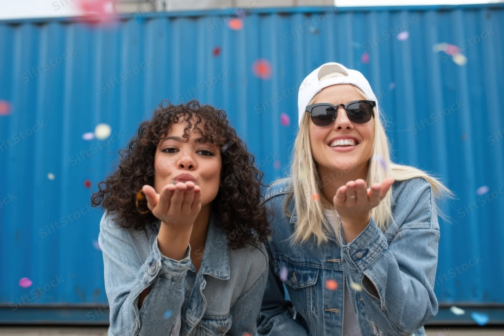 Two women in denim jackets blowing colorful confetti outdoors in front of a blue shipping container