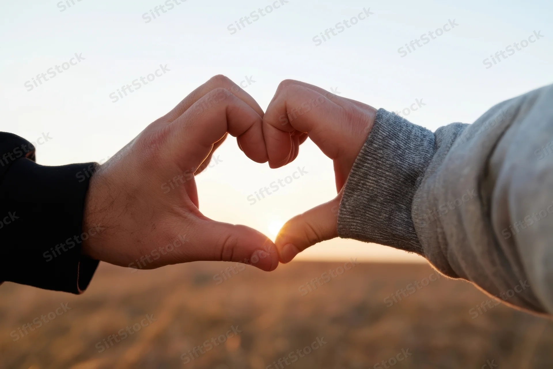 Two hands forming a heart shape with fingers against a sunset over a field