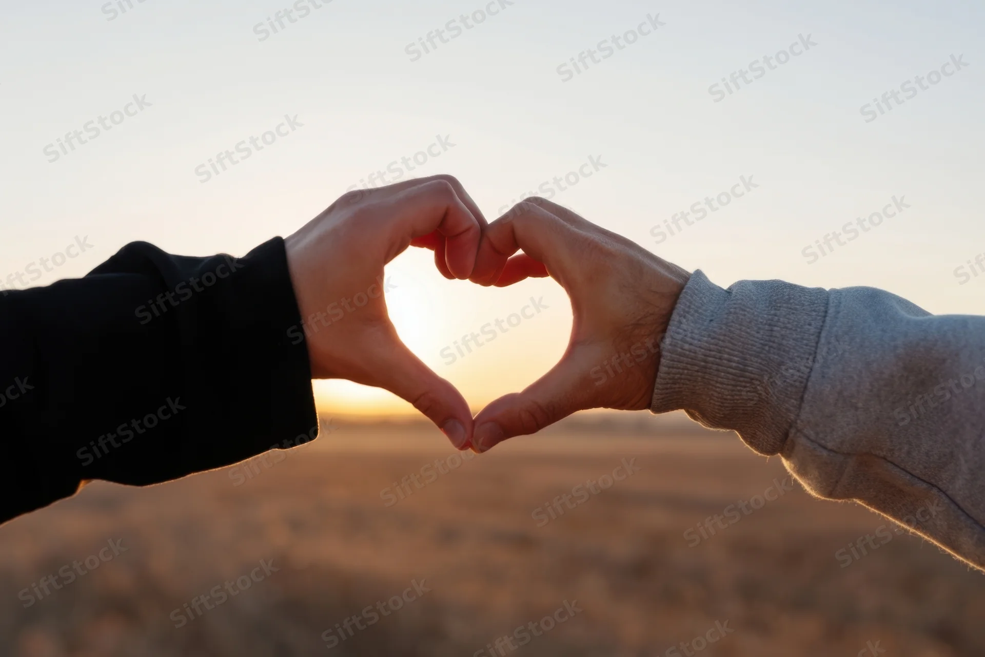 Two hands forming a heart shape at sunset over a field