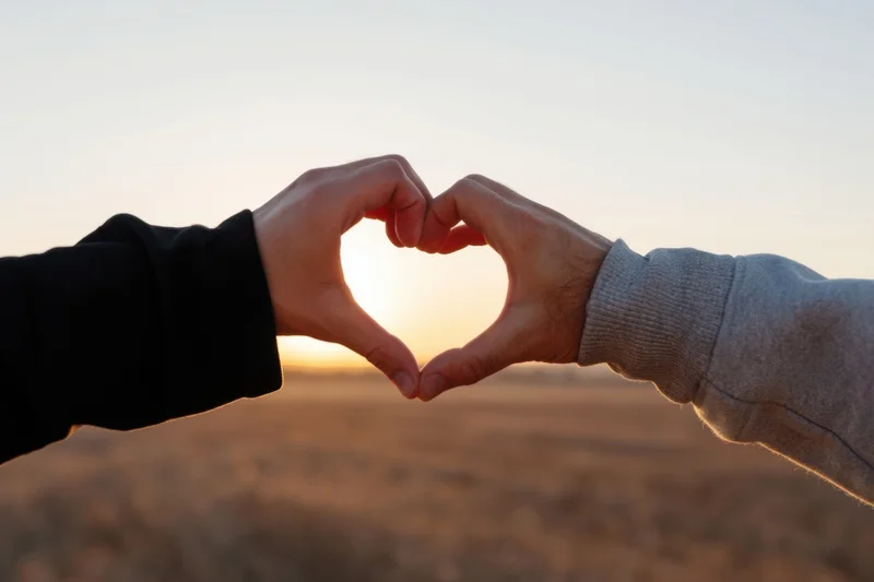Two hands forming a heart shape at sunset over a field