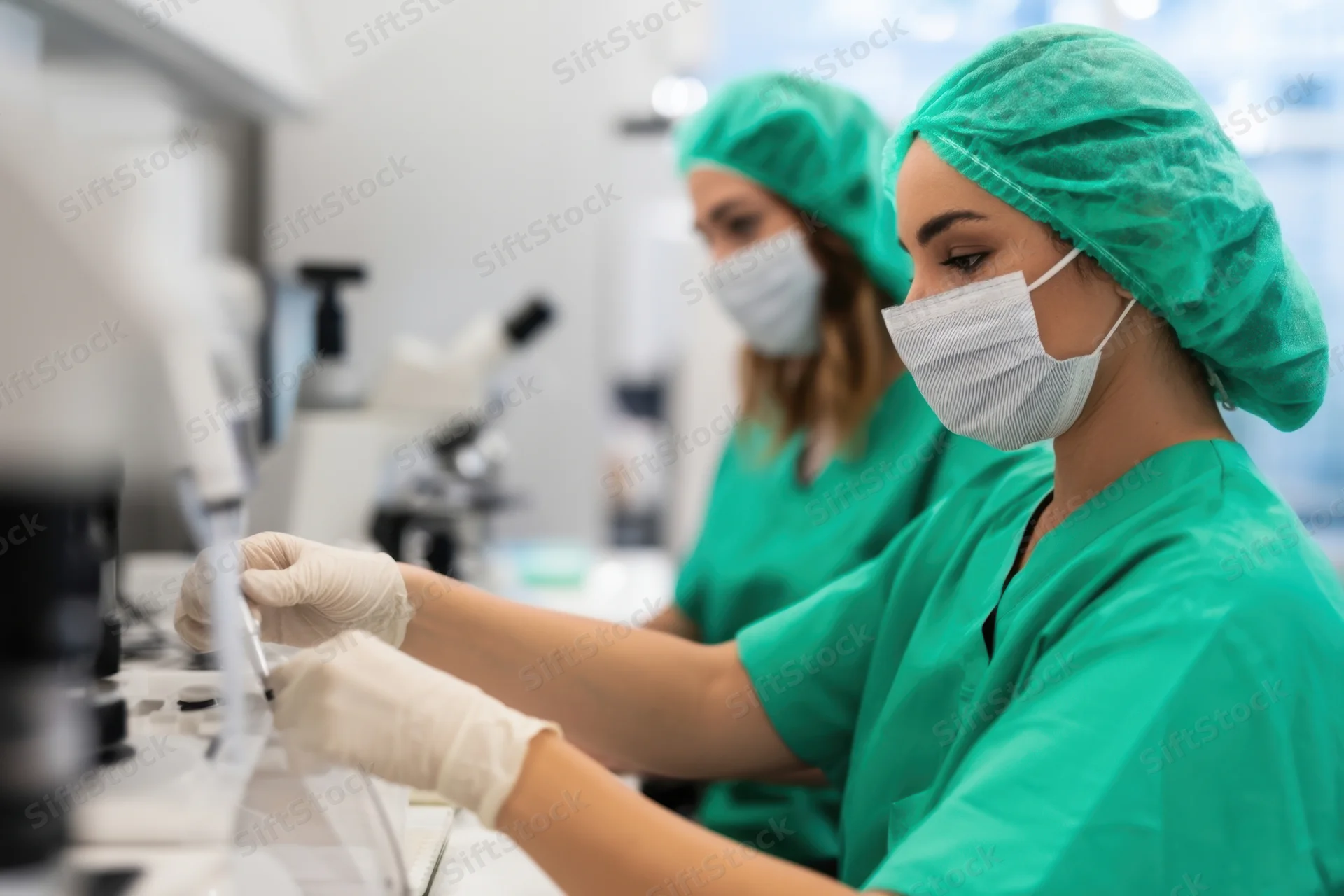 Two women in green scrubs and surgical caps working with lab equipment in a research laboratory