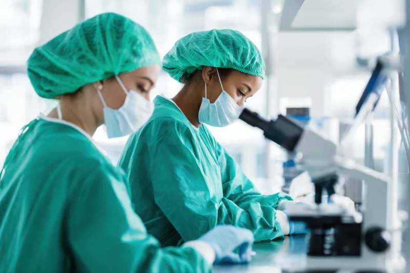 Two medical technicians in scrubs and green surgical caps examining samples under a microscope in a laboratory