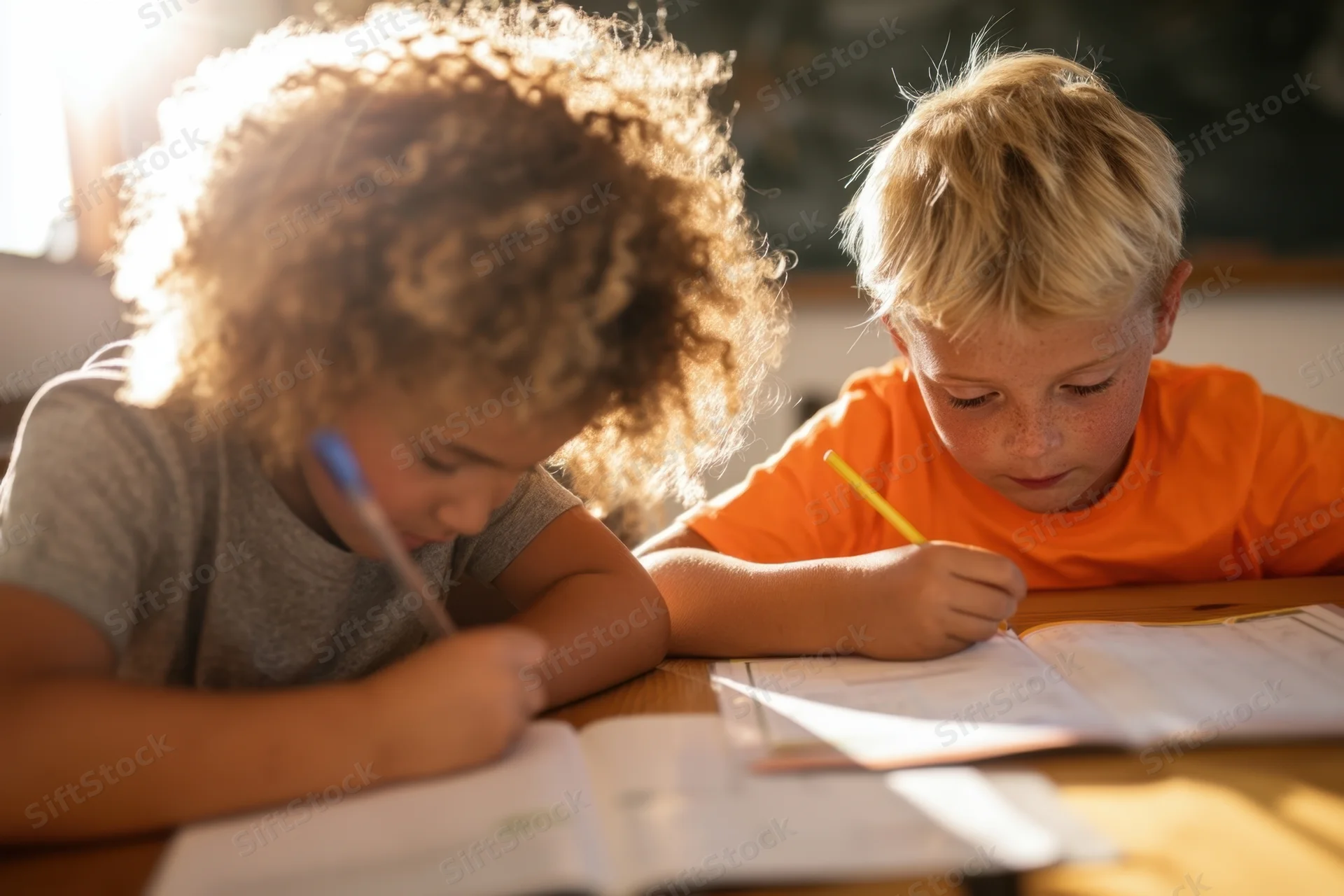 Two young children writing in workbooks at a wooden desk indoors