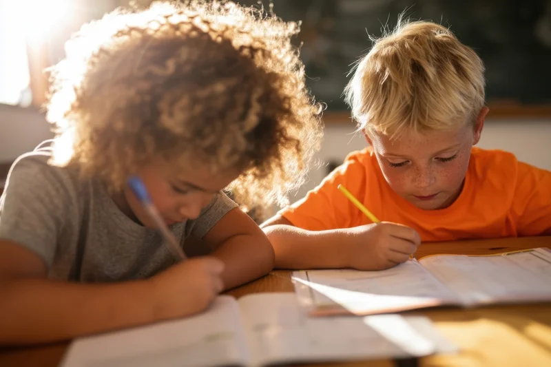 Two young children writing in workbooks at a wooden desk indoors