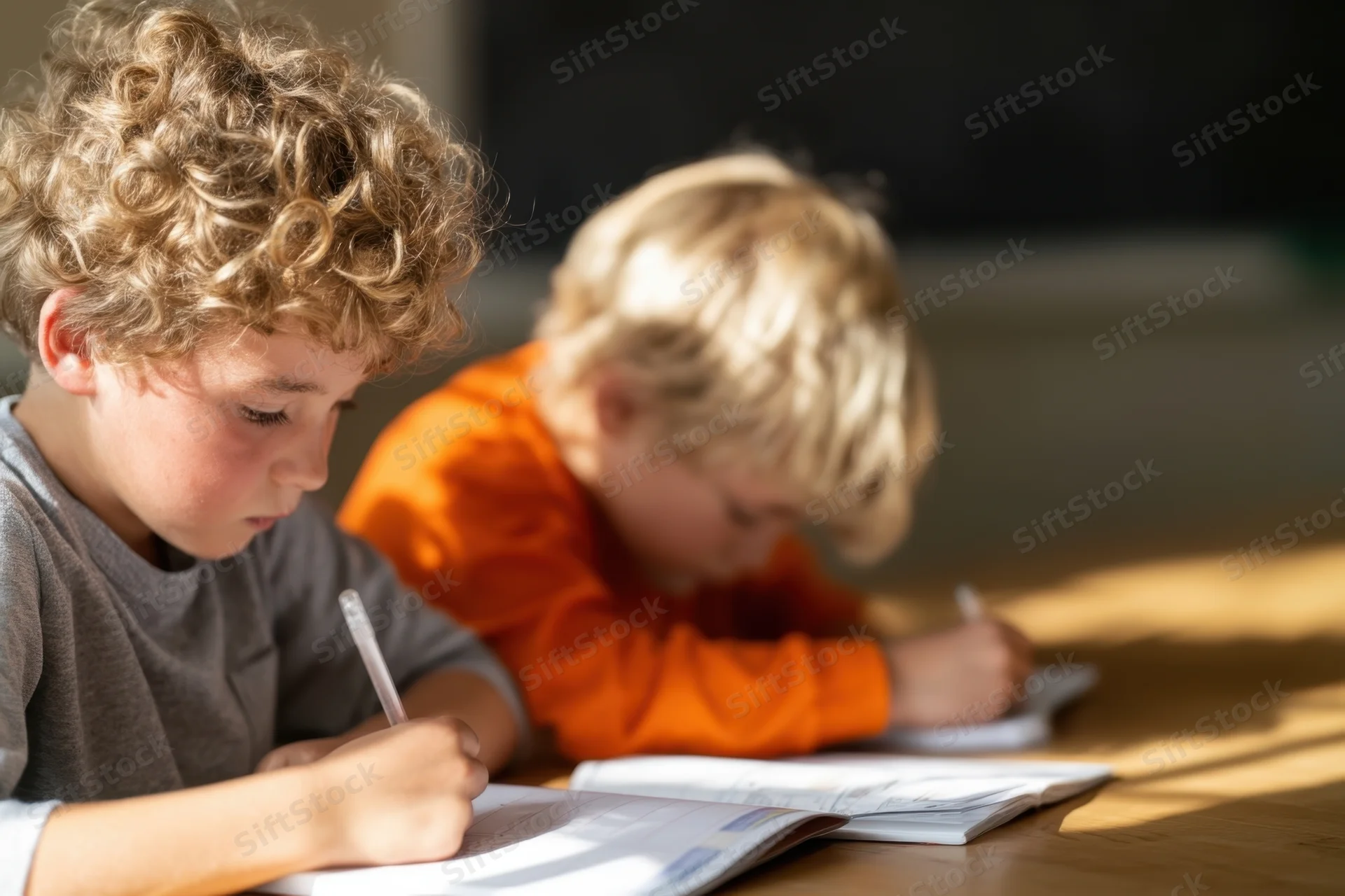Two young boys writing in notebooks at a wooden desk in a classroom setting