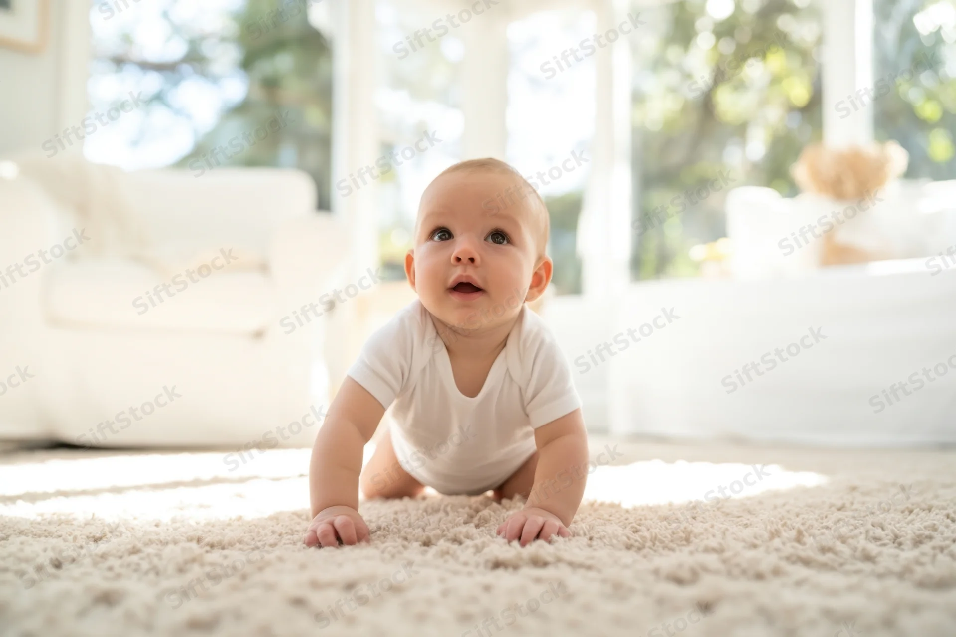 Baby crawling on beige carpet in bright living room with sunlight streaming through windows