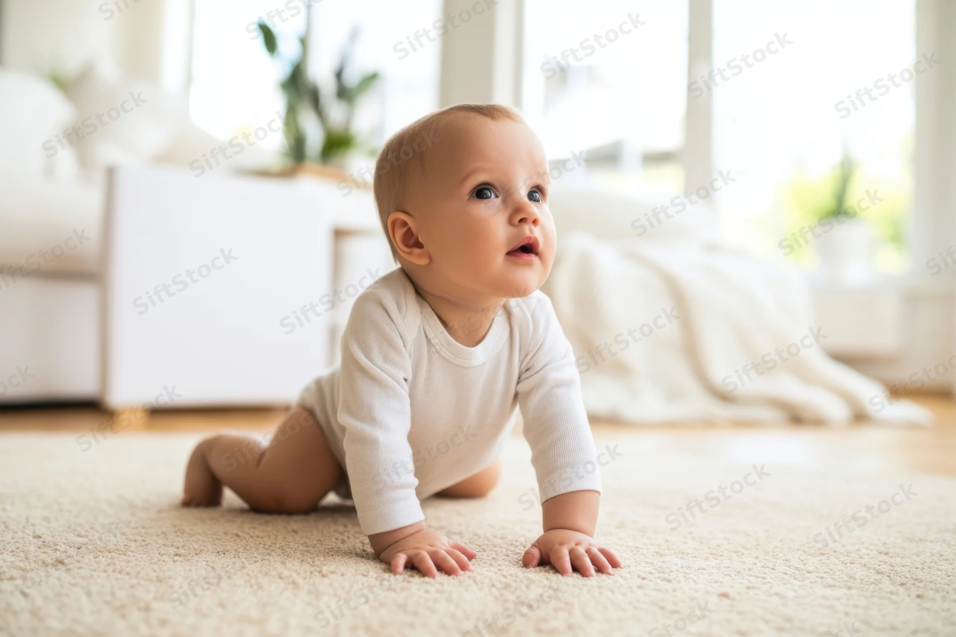 Baby crawling on beige carpet in bright living room with sunlight through window