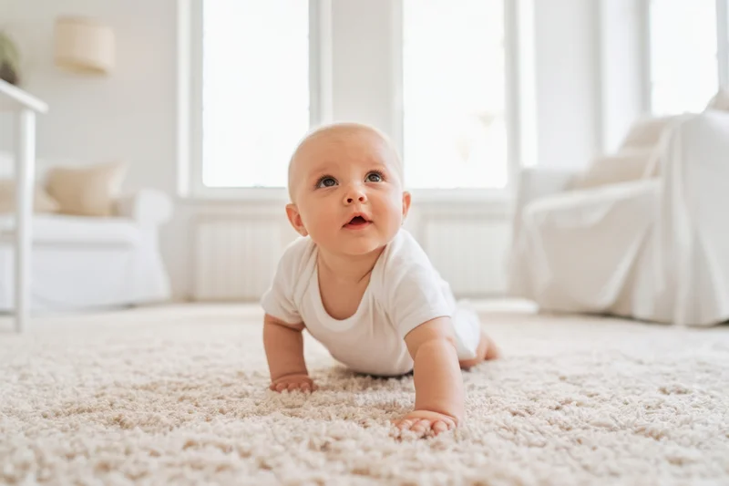 Baby crawling on beige carpet in bright living room