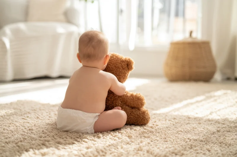 Baby sitting on beige carpet hugging teddy bear facing window in living room