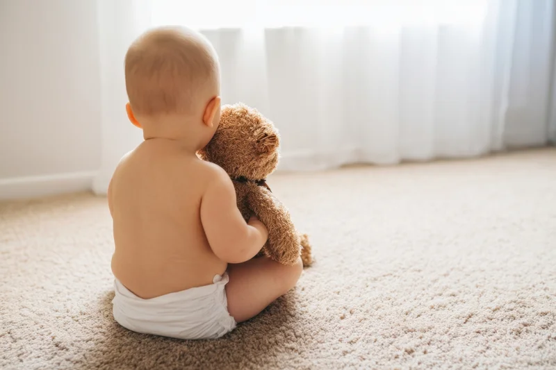 Baby sitting on beige carpet hugging teddy bear facing away from camera