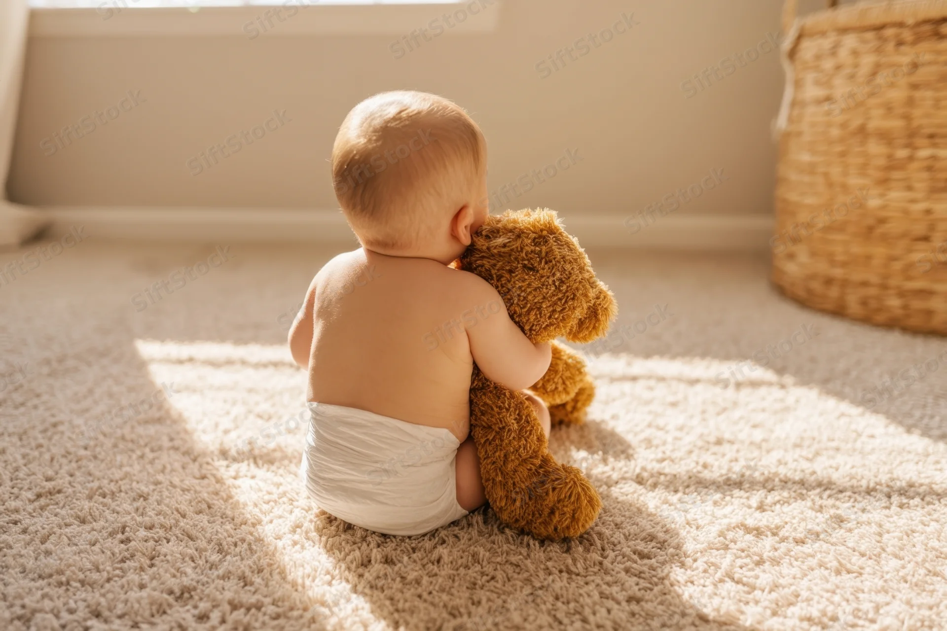 Baby sitting on beige carpet hugging teddy bear, back view, natural light from window