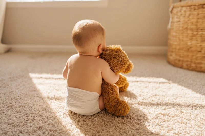 Baby sitting on beige carpet hugging teddy bear, back view, natural light from window