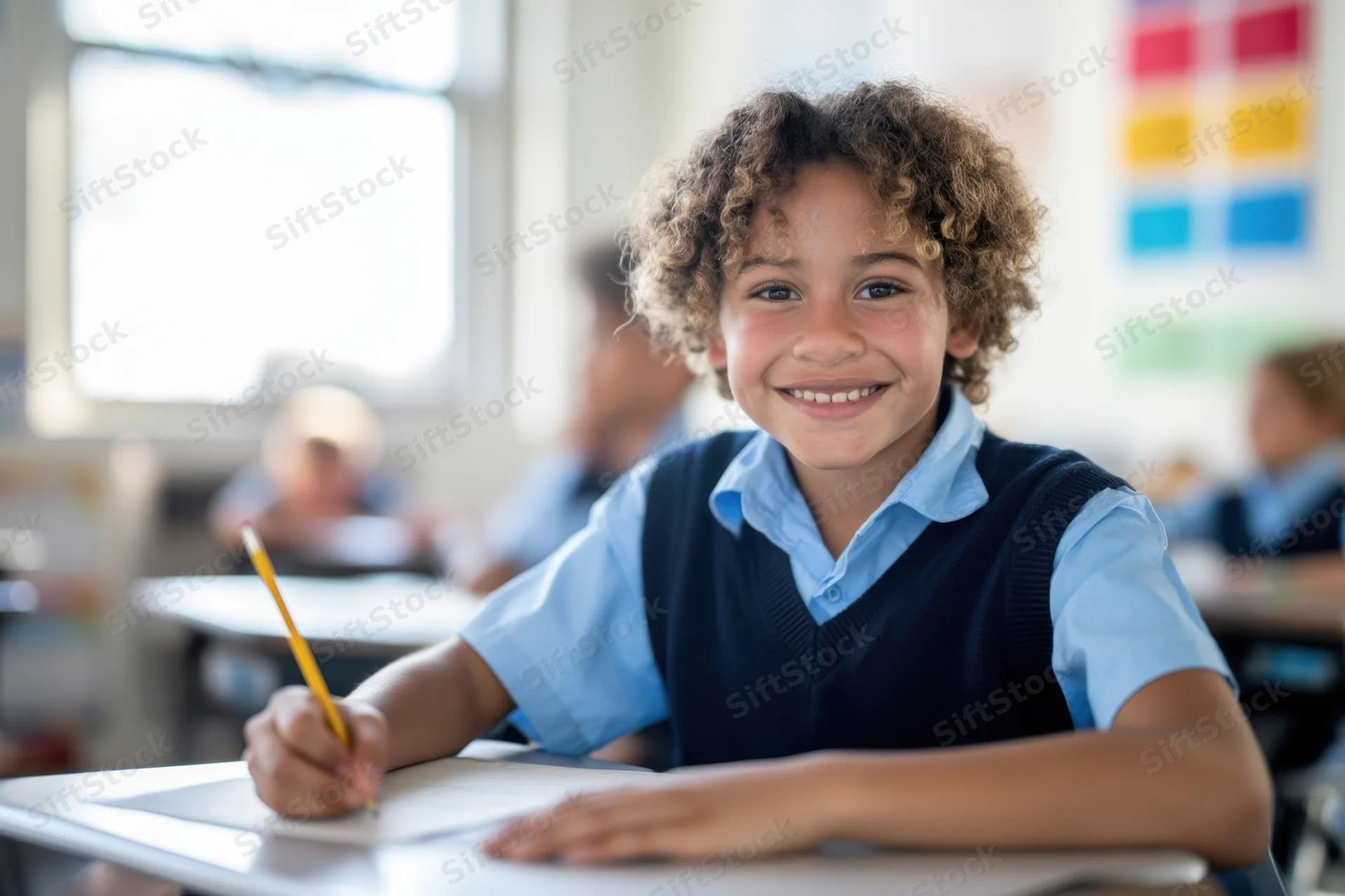 Young hispanic boy smiling while writing with a pencil at his desk in a bright classroom