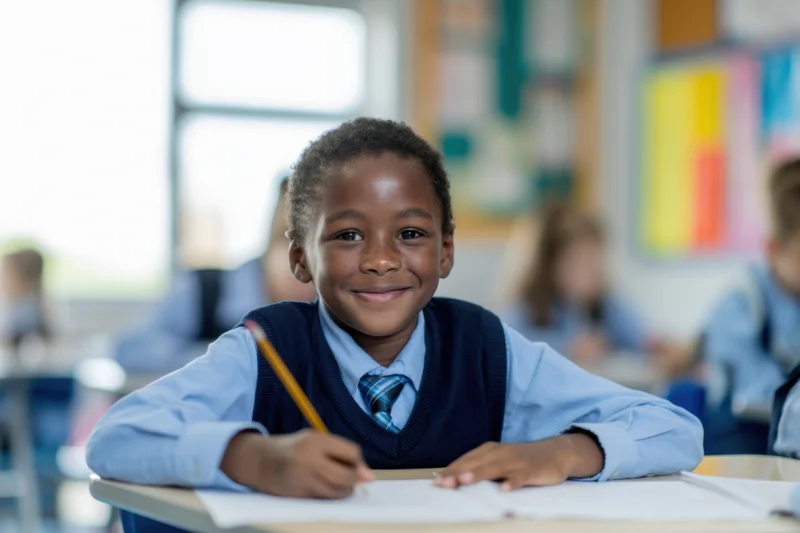 Young black boy smiling at desk in classroom while holding pencil and writing on paper