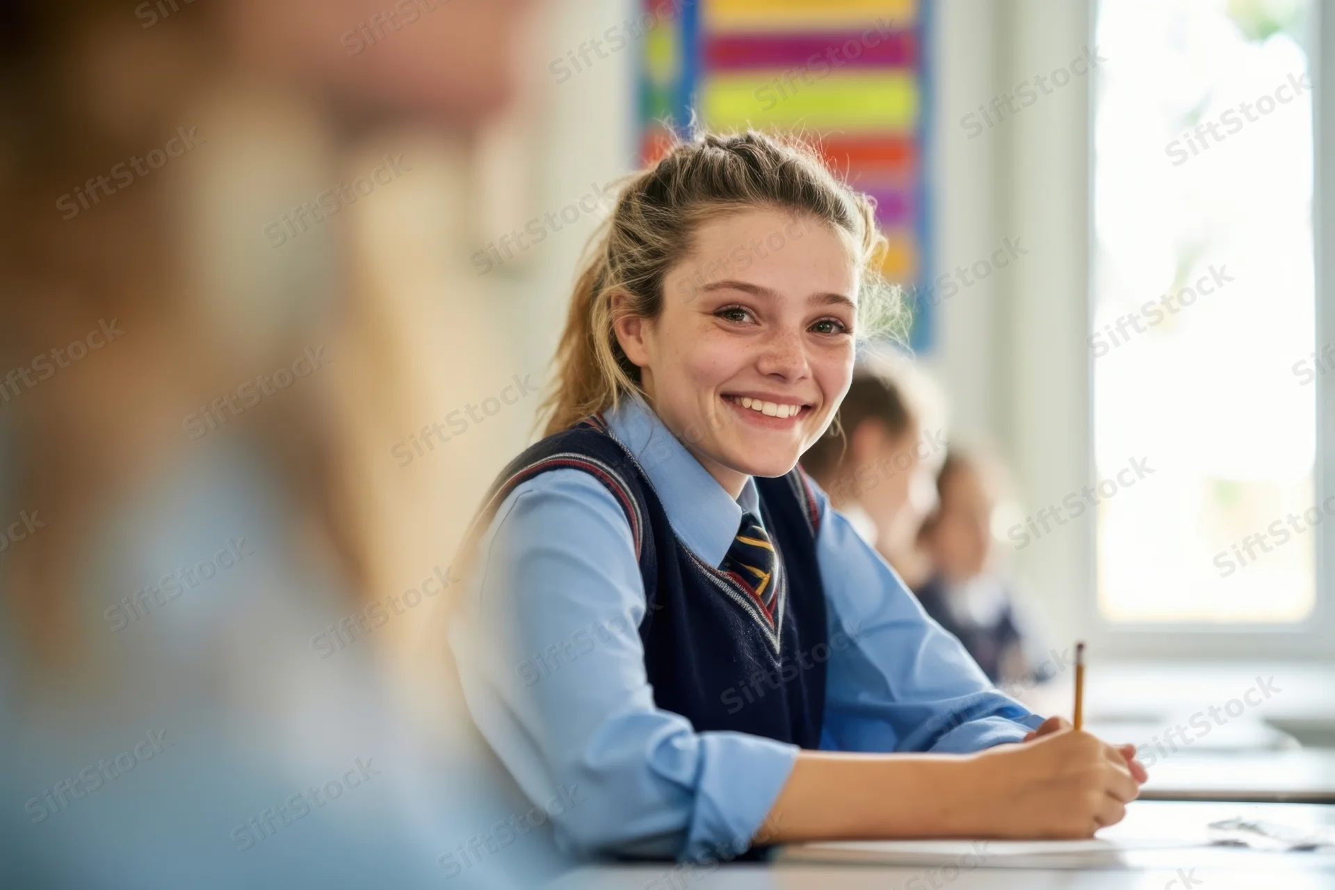 Smiling student in school uniform sitting at desk in classroom
