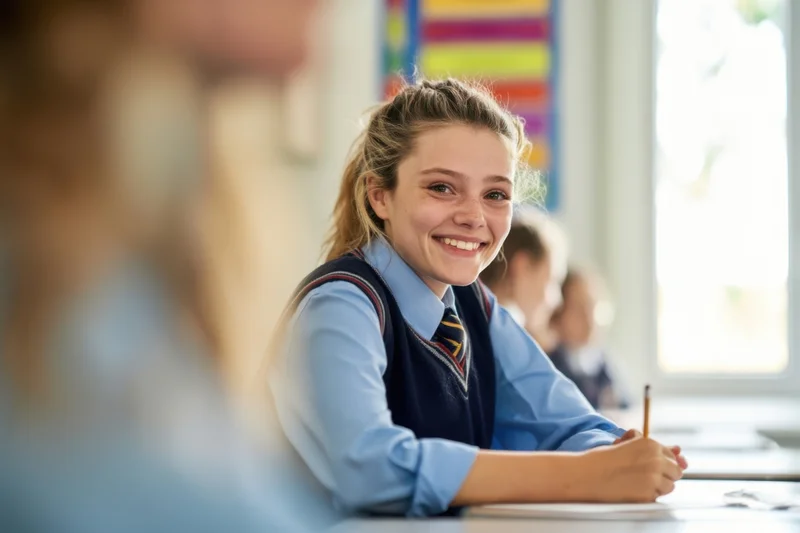 Smiling student in school uniform sitting at desk in classroom