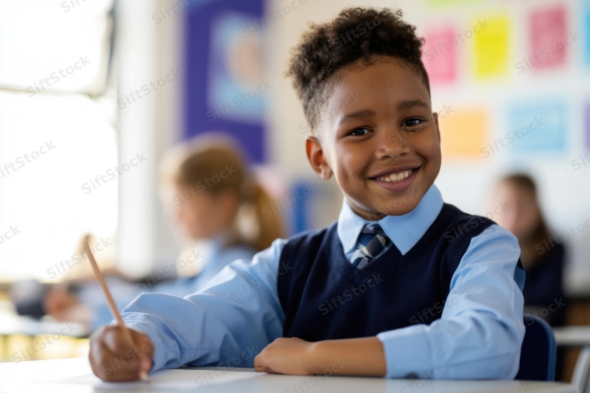 Smiling student in school uniform holding pencil at desk in classroom