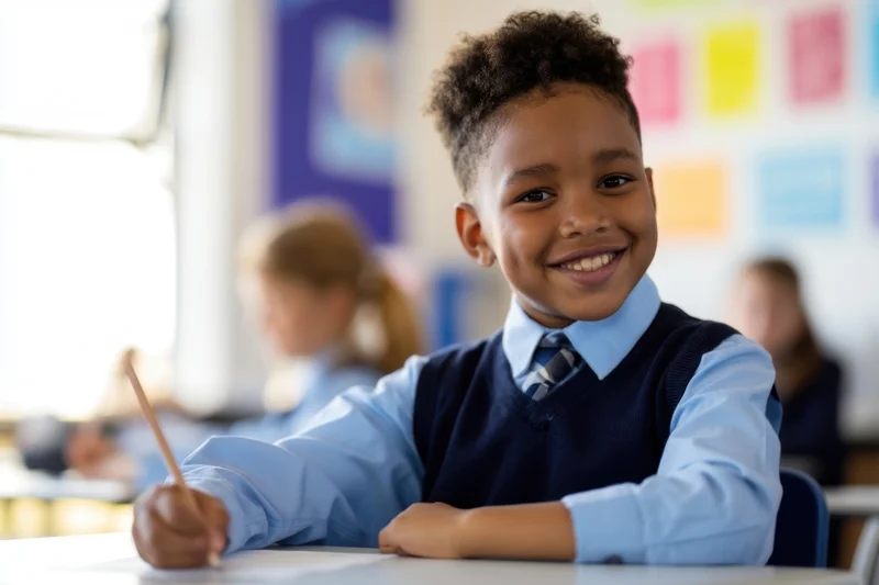 Smiling student in school uniform holding pencil at desk in classroom