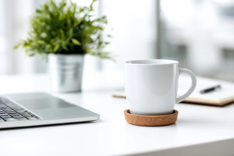 White ceramic mug on cork coaster beside silver laptop on minimalist office desk