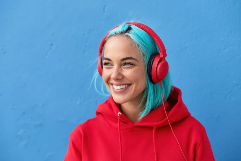 Smiling woman with turquoise hair wearing red hoodie and headphones against blue wall