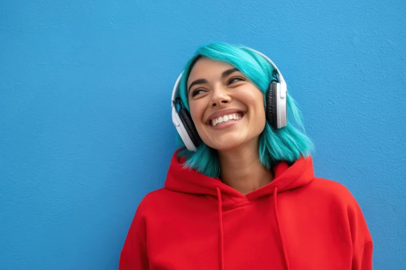 Smiling woman with turquoise hair wearing red hoodie and headphones against blue wall