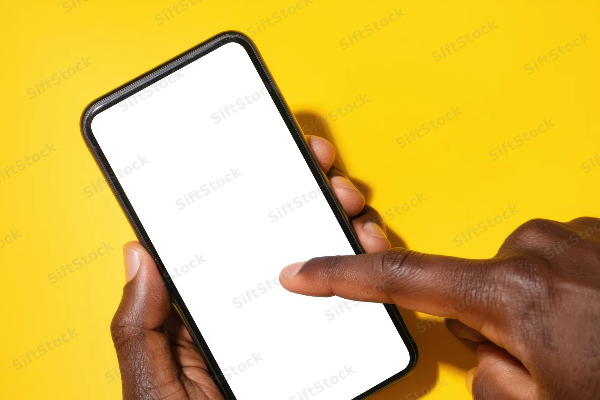 Hand holding smartphone with blank white screen against yellow background, finger tapping display