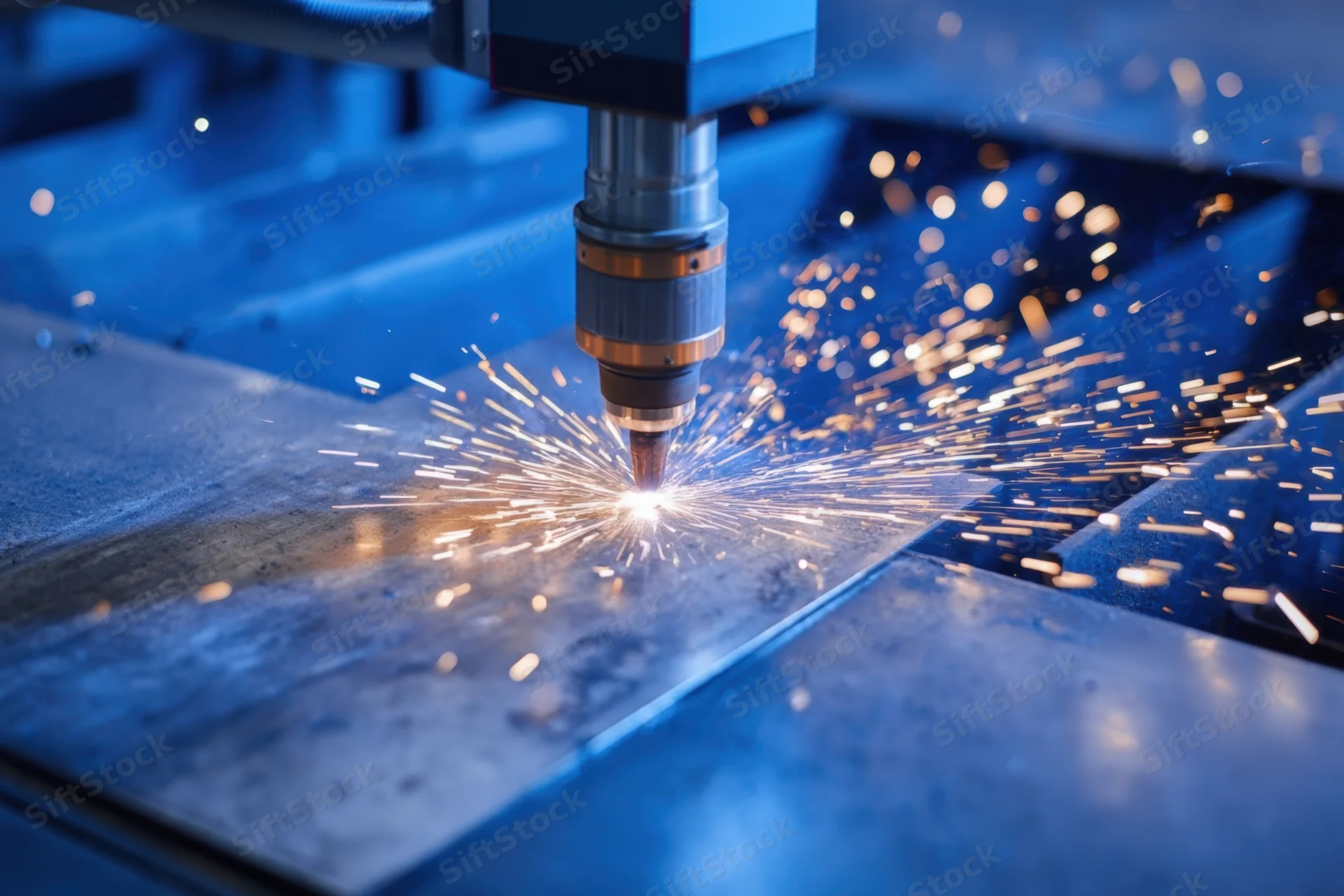 Laser cutting metal sheet in industrial workshop with bright sparks flying