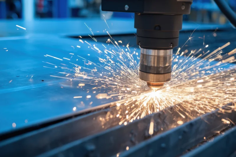 Laser cutting metal sheet in industrial workshop with bright sparks flying
