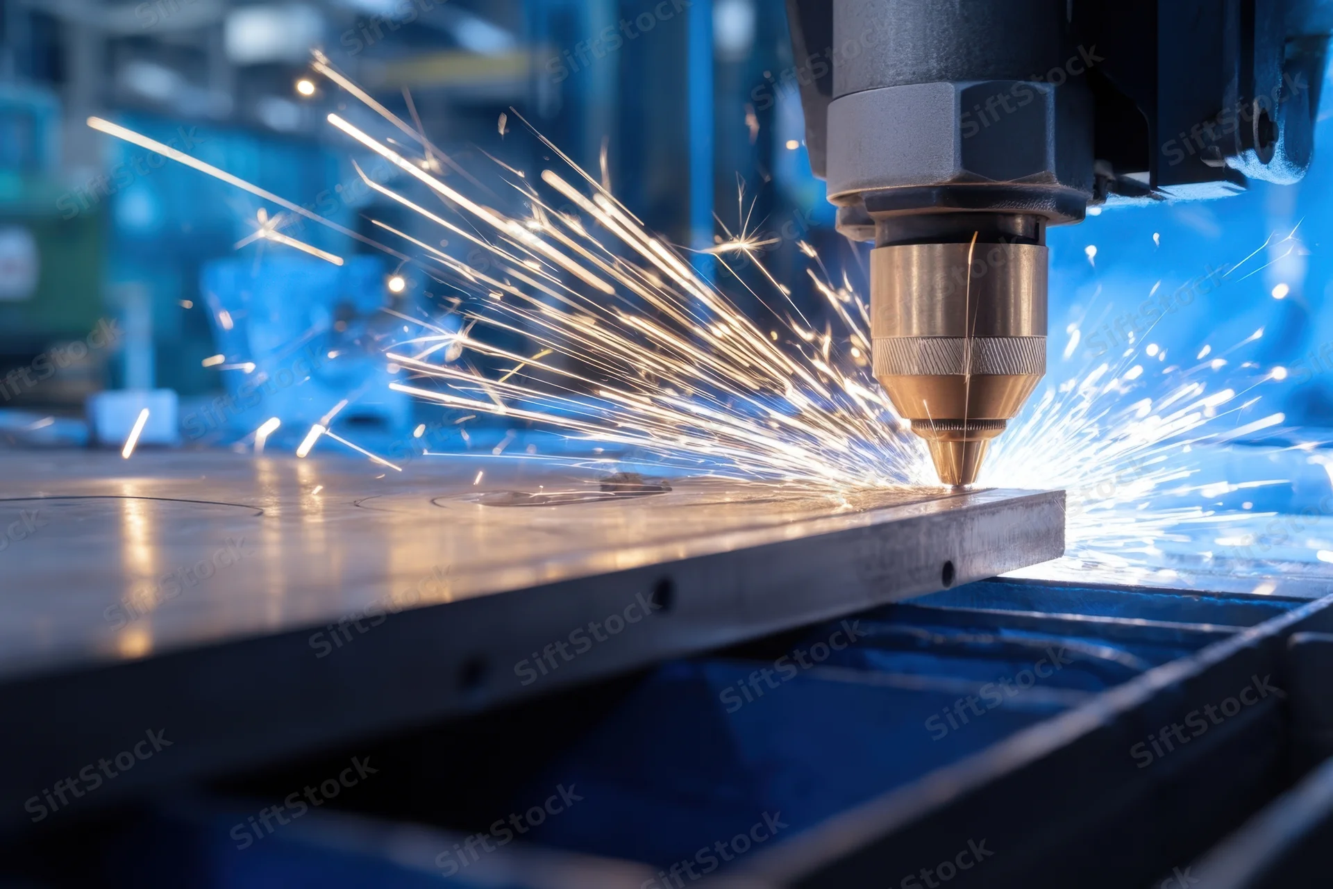 Laser cutting metal in an industrial workshop with sparks flying