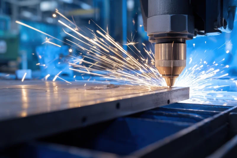 Laser cutting metal in an industrial workshop with sparks flying