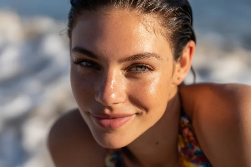 Close-up portrait of a smiling woman with wet hair slicked back at the beach