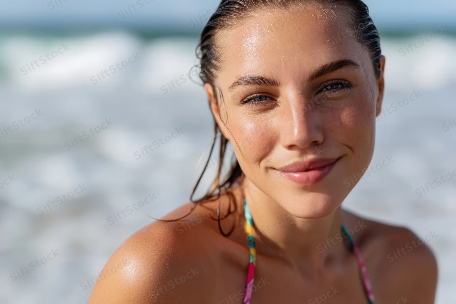 Close-up portrait of a smiling woman with wet hair slicked back at the beach