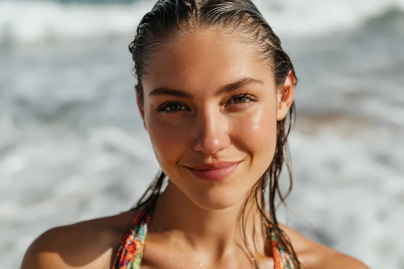 Close-up portrait of a smiling woman with wet hair slicked back at the beach