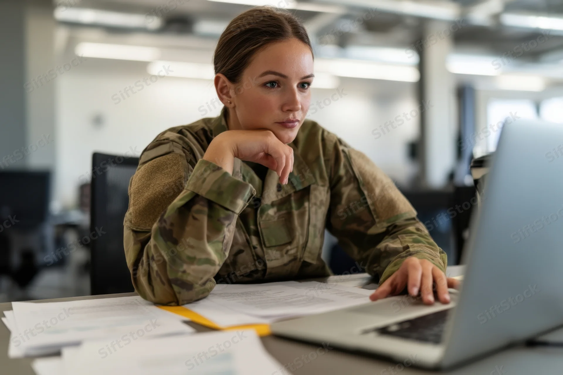 Female soldier in camouflage uniform focused on laptop at office desk with documents