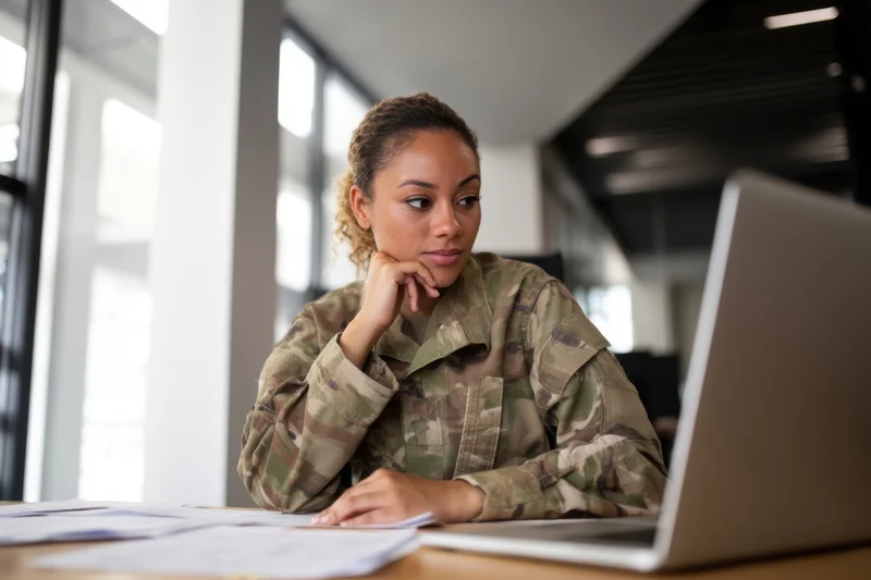 Female soldier in camouflage uniform working at a desk with laptop and documents in an office