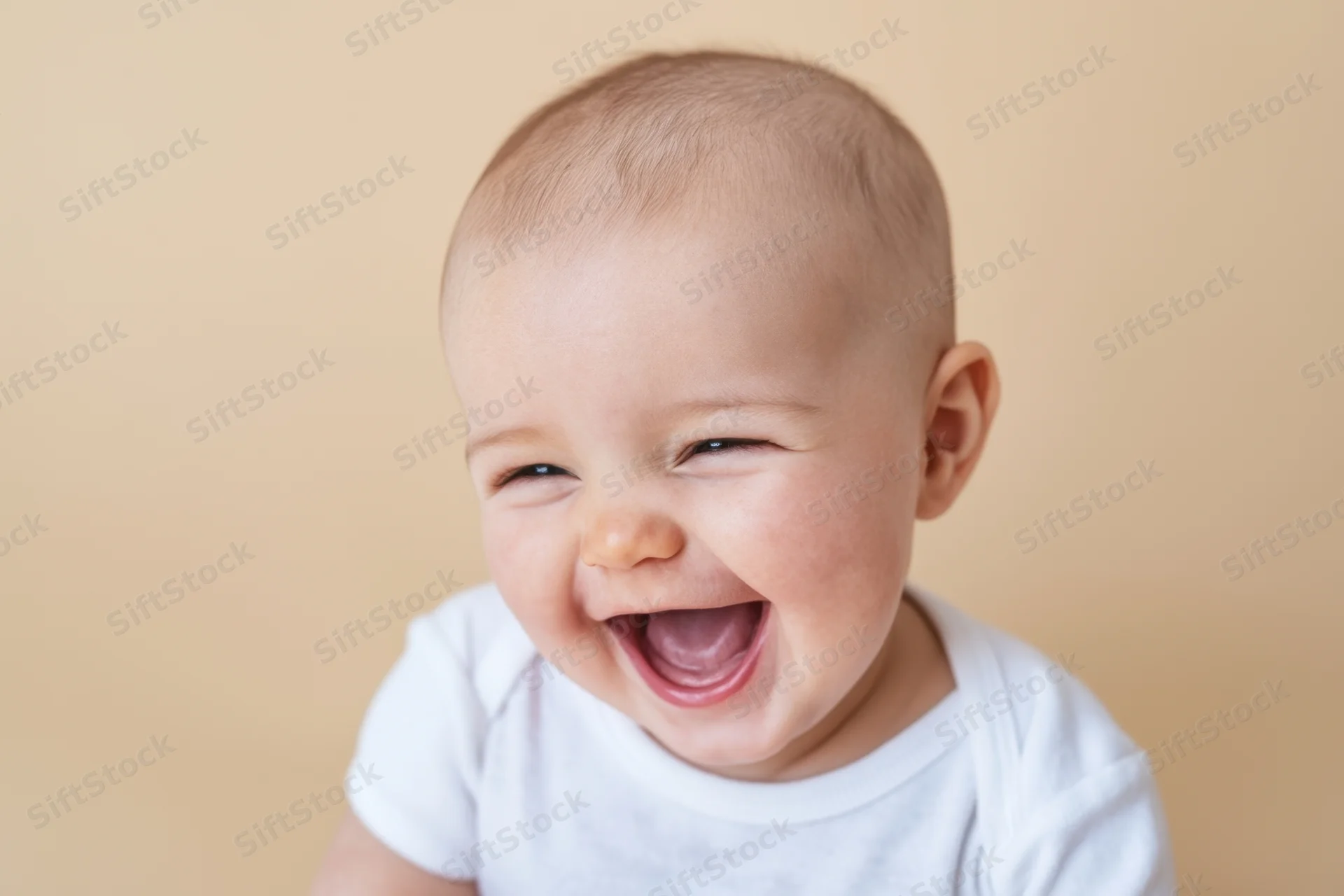 Baby laughing with wide open mouth and crinkled eyes against beige background