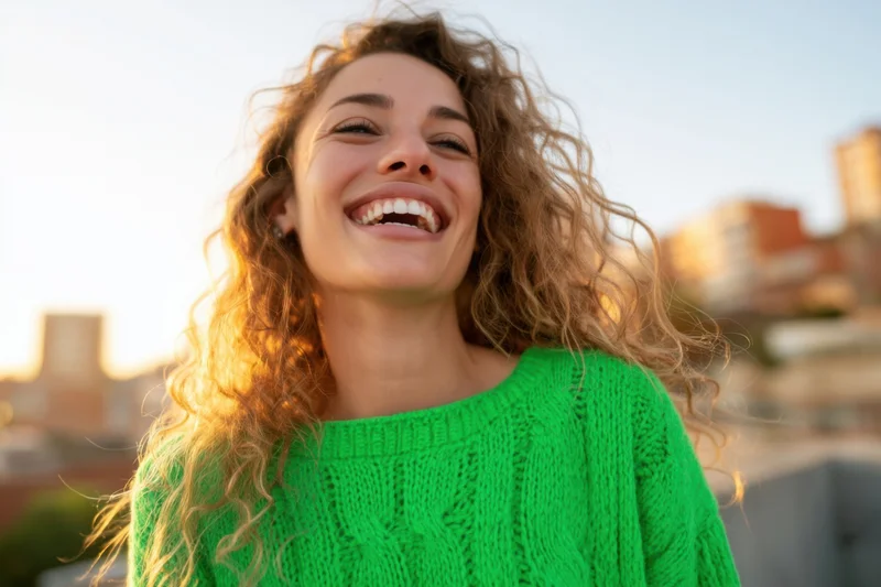 Woman smiling joyfully outdoors on a rooftop at sunset wearing a green knit sweater